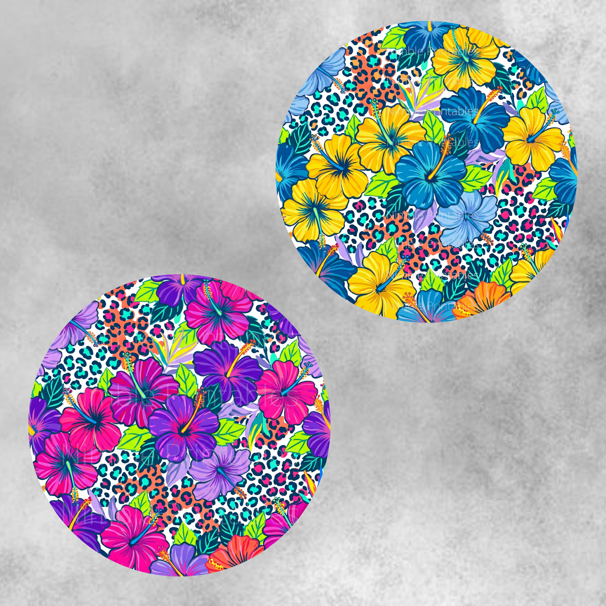 Two circular designs with vibrant hibiscus flowers and leopard print patterns.