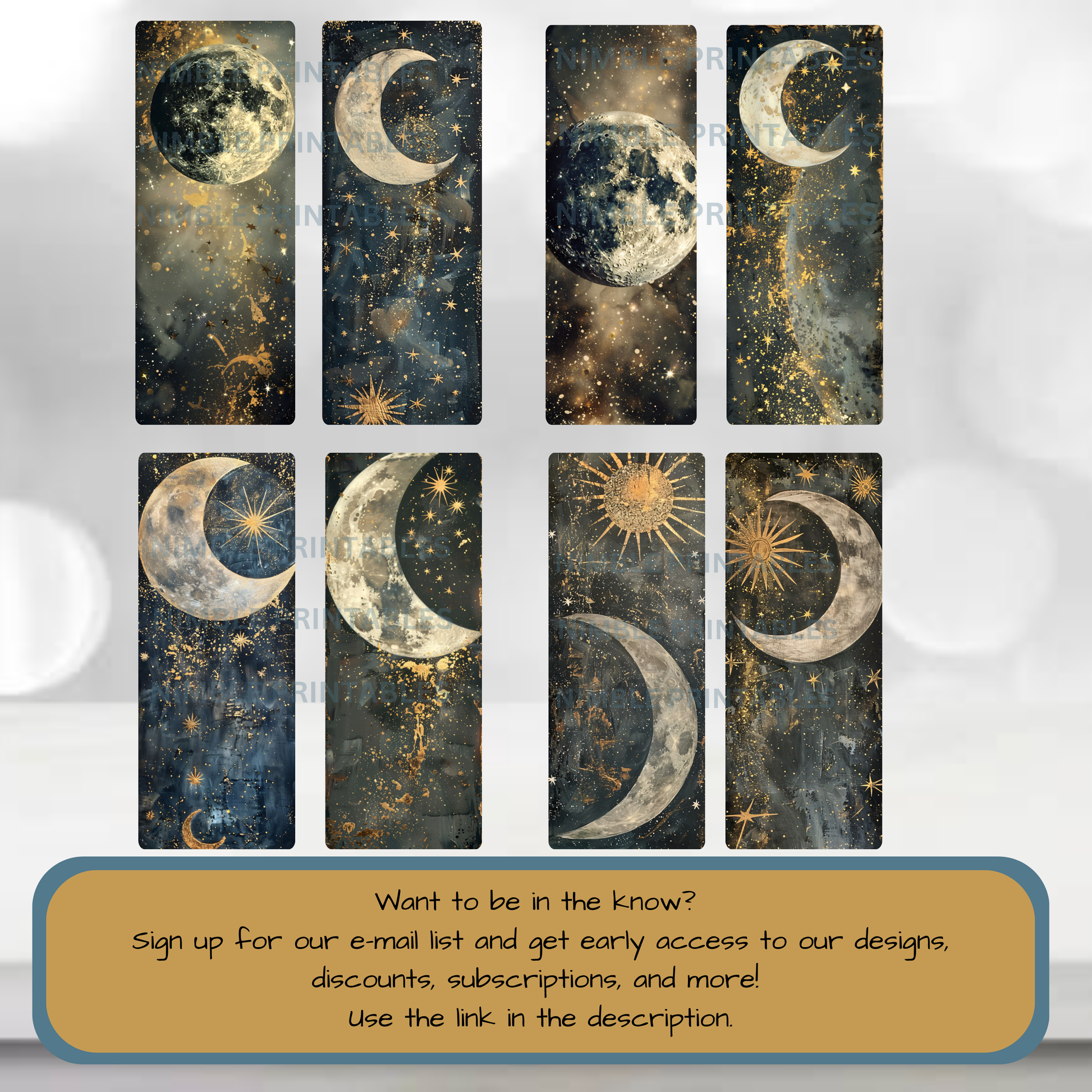 Celestial Moon Phase Wall Art, Gold Star Galaxy Design, Cosmic Astronomy Prints, Moon Wall Decor, Set of 8 Prints, Starry Night Sky Artwork
