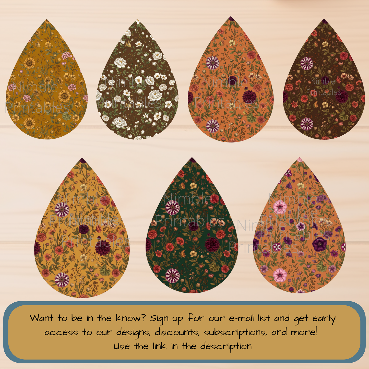 Six teardrop shapes with vintage floral patterns in various colors.