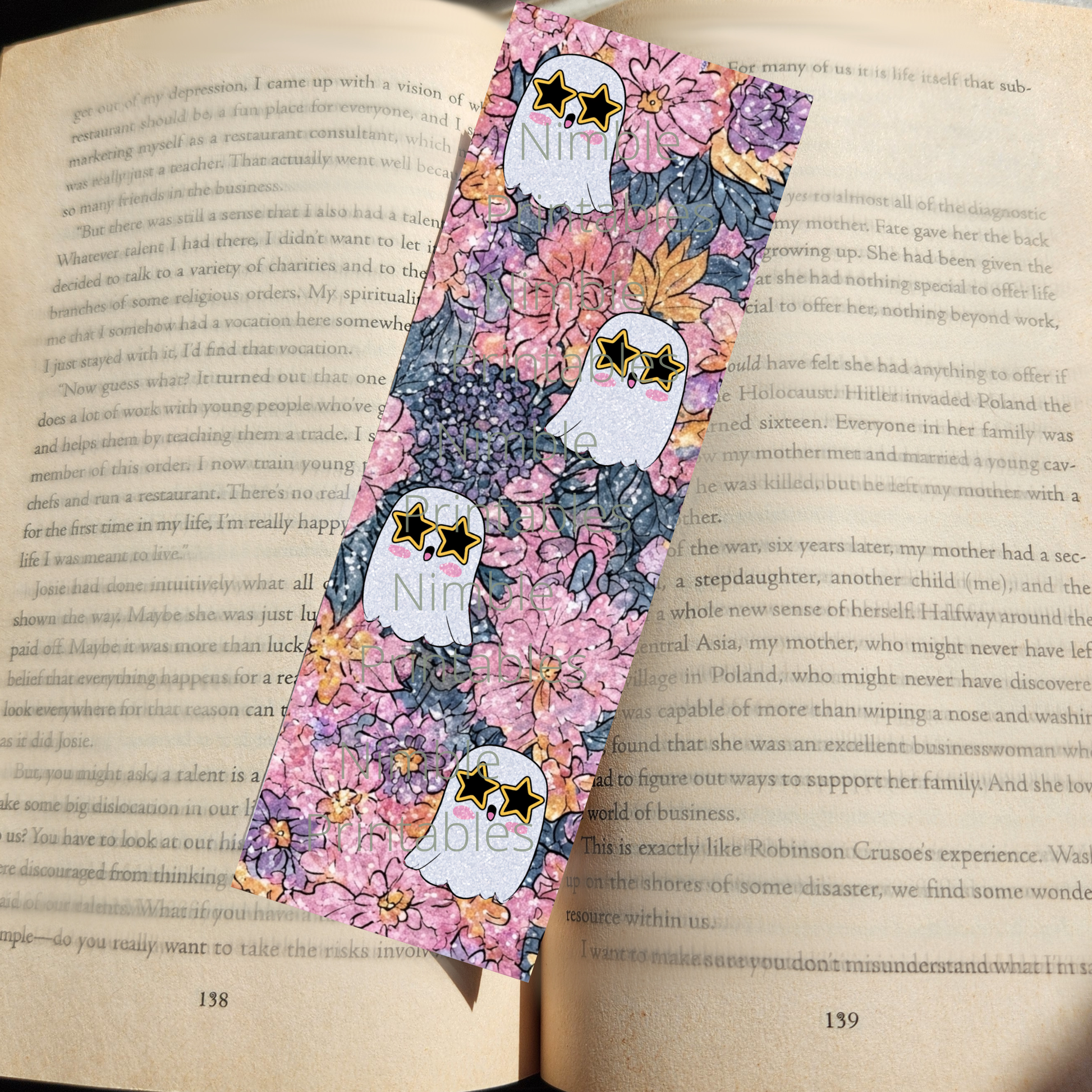 Bookmark with three cute ghosts wearing star sunglasses on floral background.