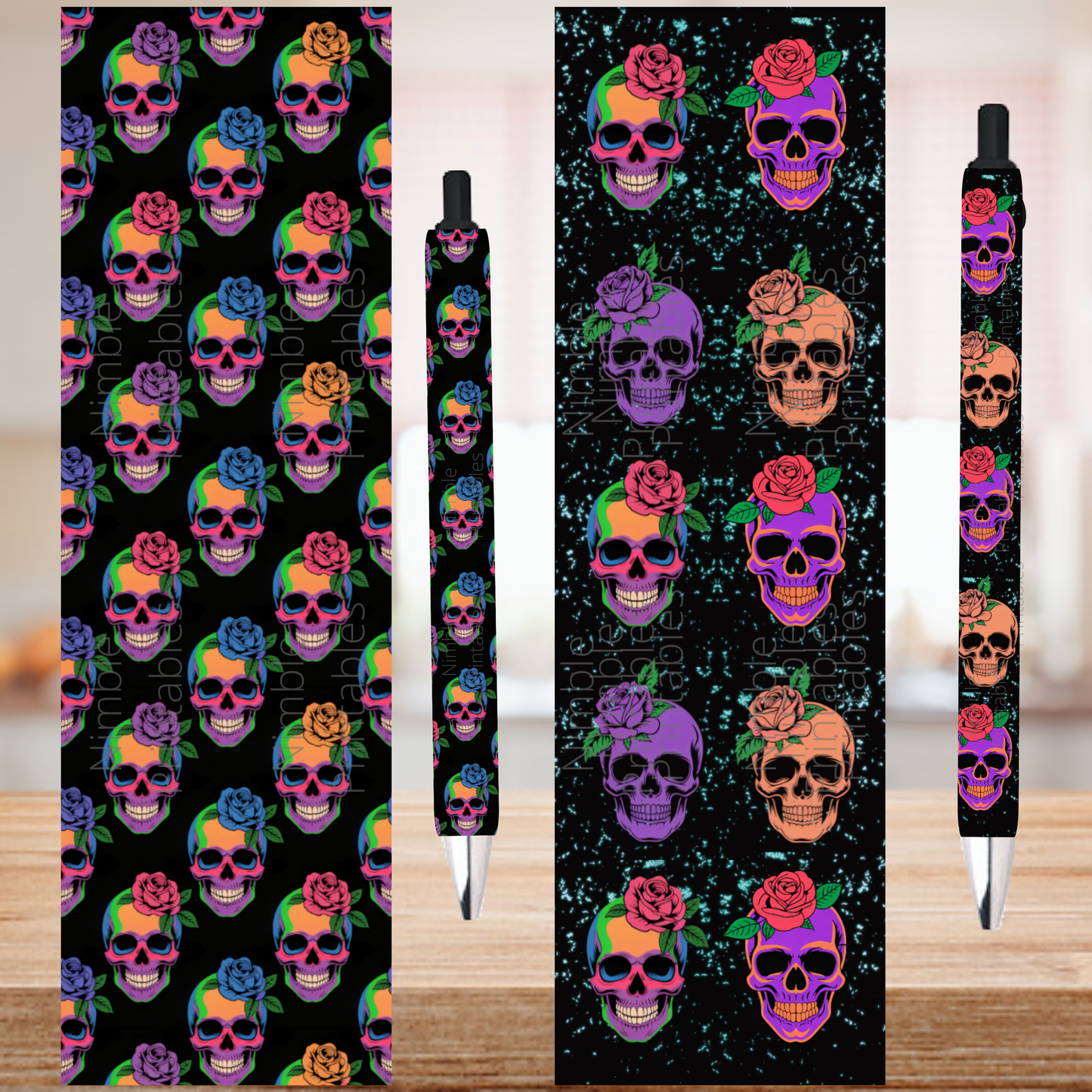 Colorful skull and rose patterns on a pen and paper texture.