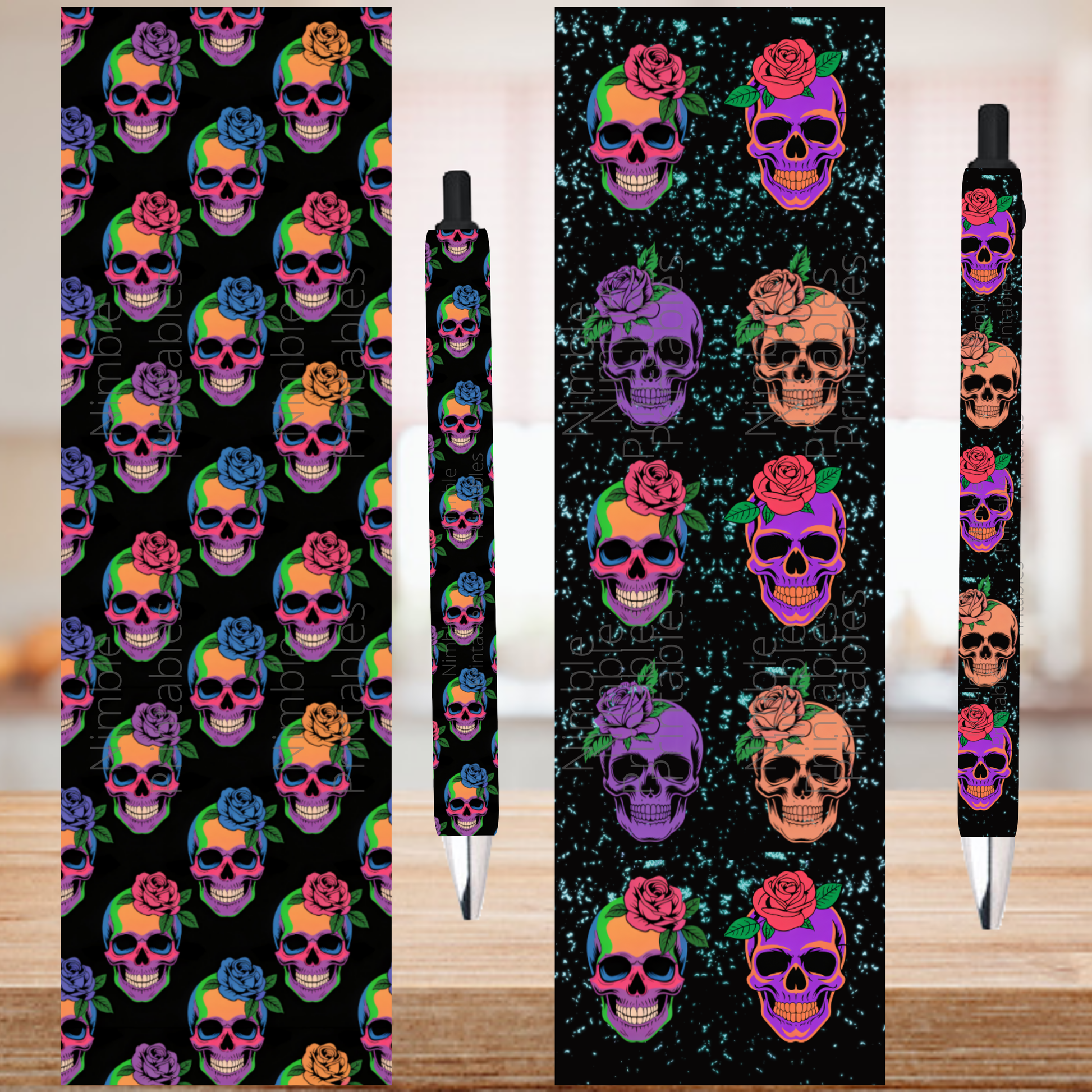 Colorful skull and rose patterns on a pen and paper texture.