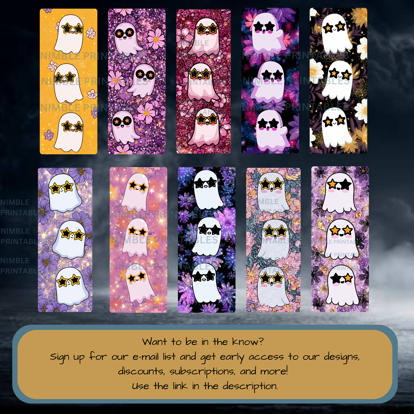 Twelve cartoon ghosts with star sunglasses on colorful backgrounds.