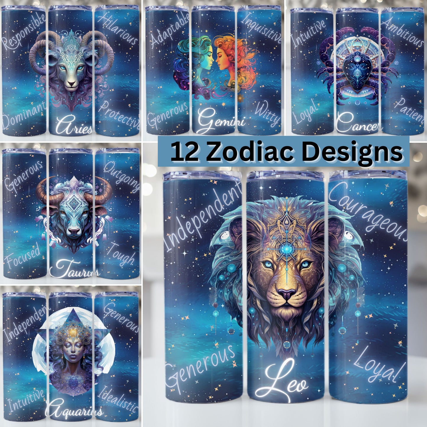 Zodiac Sign Tumbler Wrap Bundle, 20z Skinny Tumbler Sublimation Design Digital Download PNG Colorful Tumbler Wrap 12 Designs