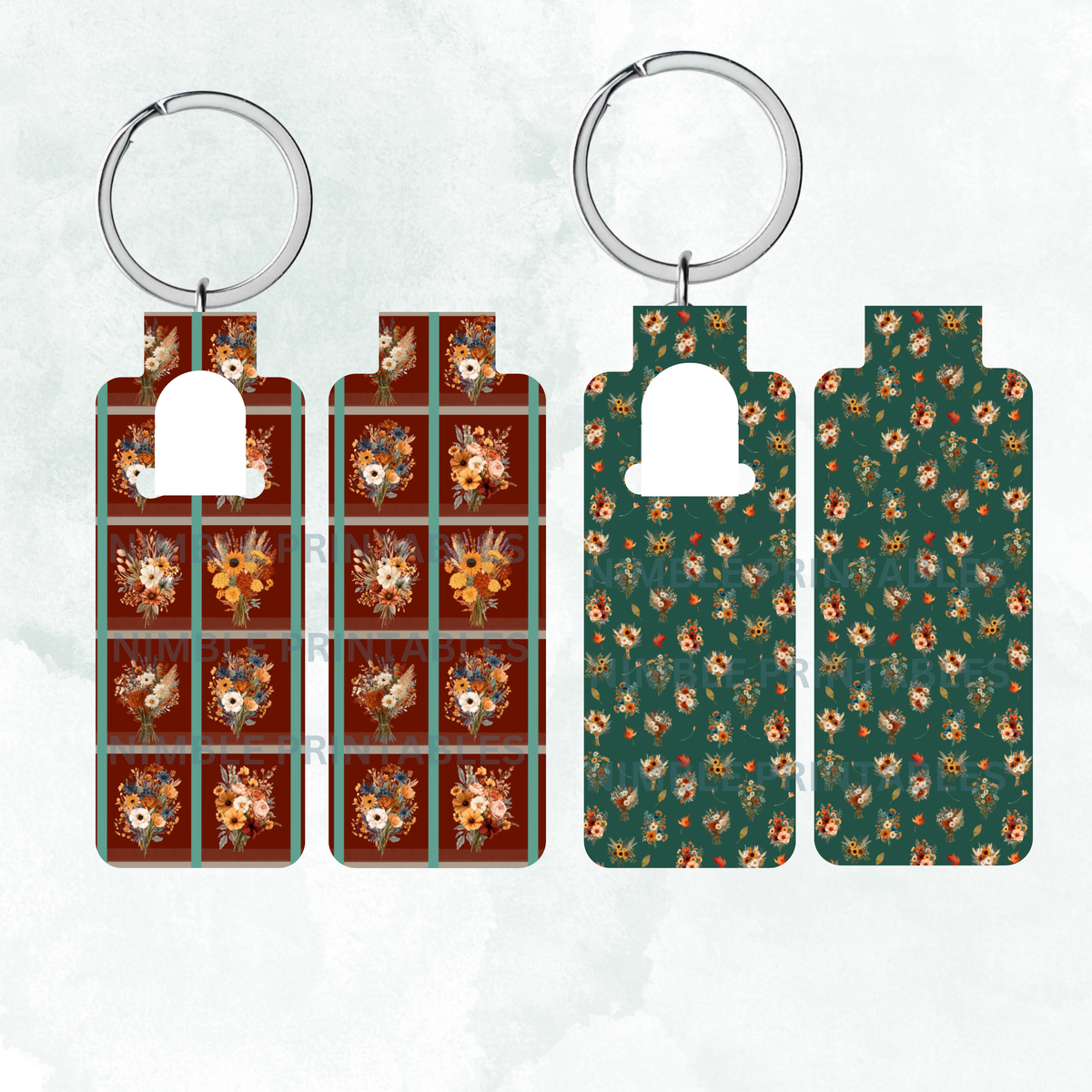 Two keychains with floral bouquet designs, one plaid, one patterned.