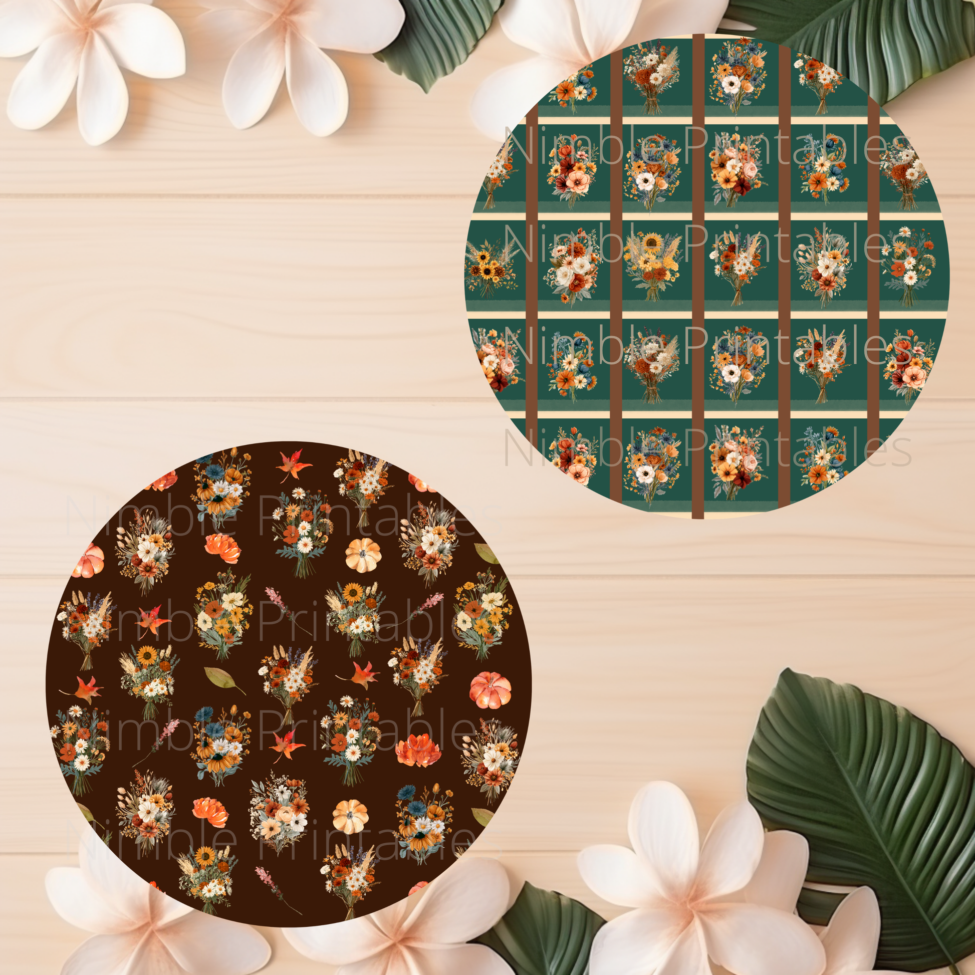 Floral and pumpkin patterns on dark brown and green striped backgrounds.