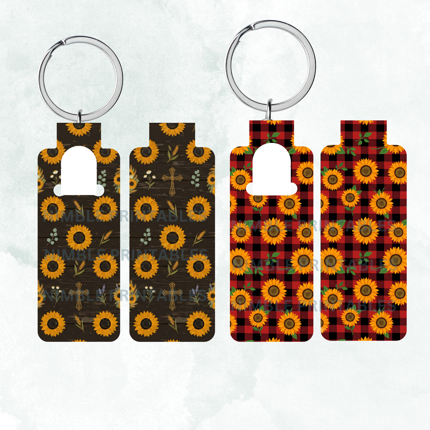 Two keychains with sunflower patterns; one on dark wood texture, the other on red buffalo plaid.