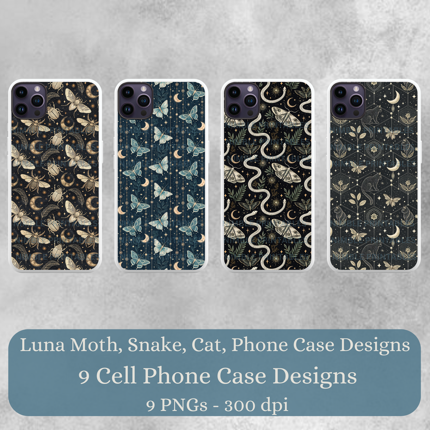 Cat Phone Case Sublimation PNG Design, Instant Digital Download, iPhone Or Samsung Cover, Snake, Luna Moth, Gothic Design