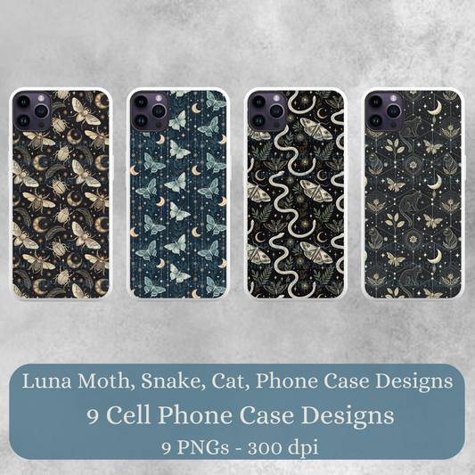 Cat Phone Case Sublimation PNG Design, Instant Digital Download, iPhone Or Samsung Cover, Snake, Luna Moth, Gothic Design