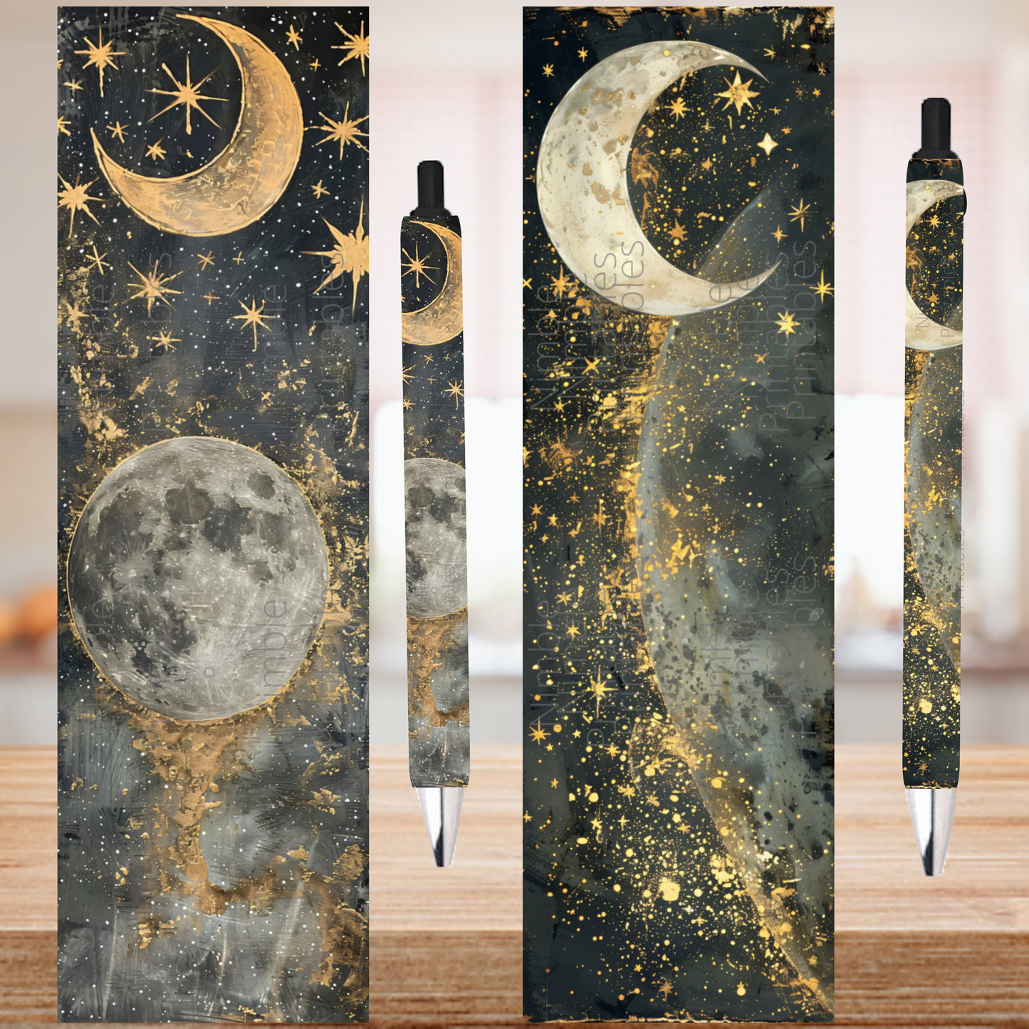 Celestial Moon and Stars Bookmark and Pen Set, Gold and Black Galaxy Design, Unique Gift for Book Lovers, Astronomical Stationery, Elegant