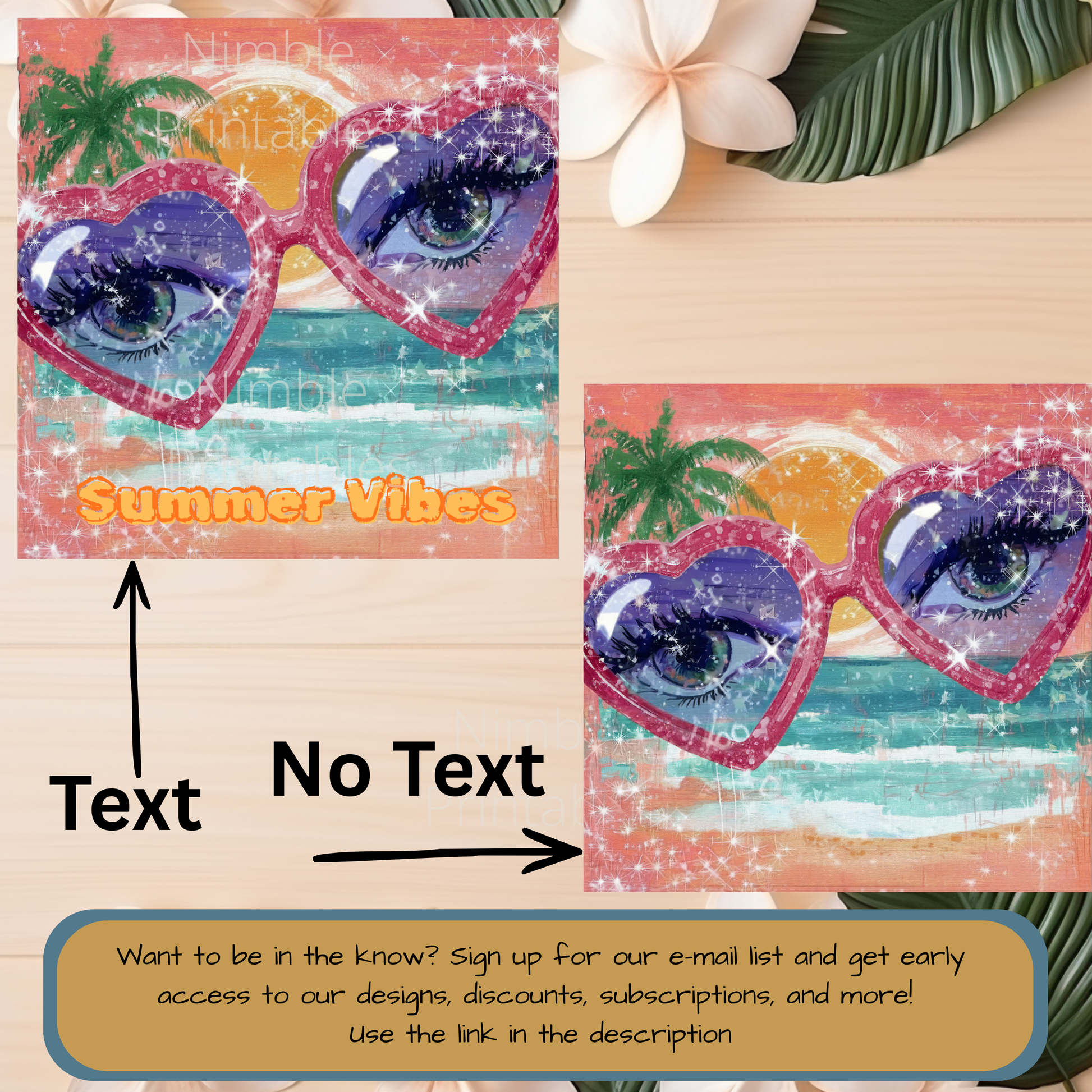 Heart-shaped sunglasses with eyes and "Summer Vibes" text.