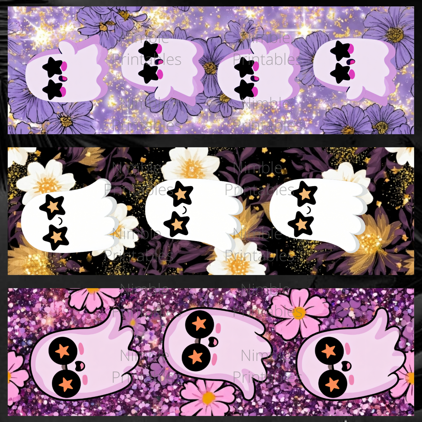 Three patterned backgrounds featuring cute ghosts with star eyes and floral motifs.
