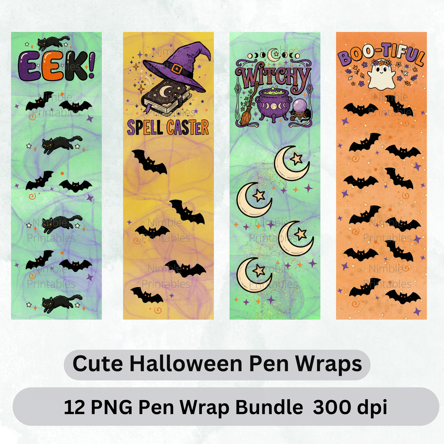 Four Halloween pen wrap designs: black cats, spell book, witch's cauldron, and ghost.