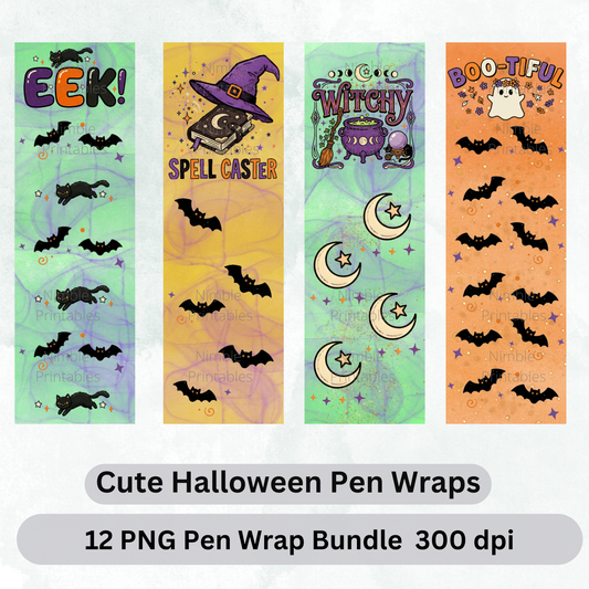 Four Halloween pen wrap designs: black cats, spell book, witch's cauldron, and ghost.