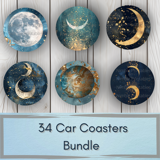 Celestial Moon Car Coaster PNG, Instant Downloads Bundle, Sublimation Design, Car Accessories, Star PNG