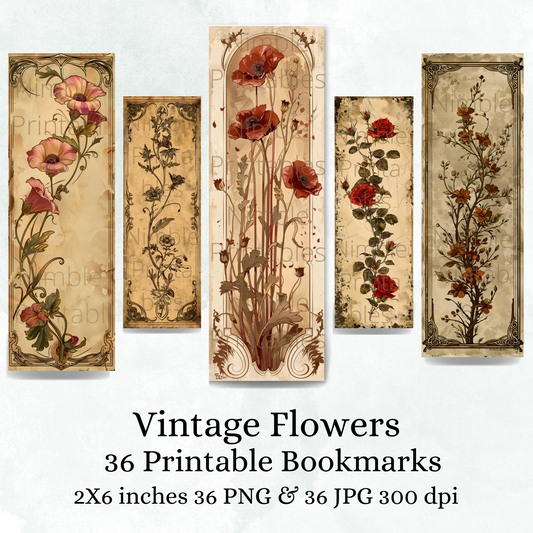 Printable Bookmarks Bundle Vintage Flowers, Digital Download, Watercolor Bookmark, 36 PNG & 36 JPG Art Deco, Junk Journal Ephemera Rose png
