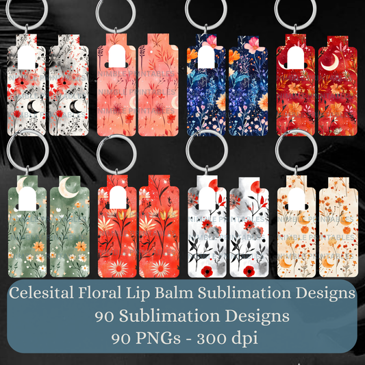 Celestial Floral Skinny Lip Balm Holder PNG Chapstick holder PNG Key Ring Tag Fob Digital Downloads, Instant Download, Sublimation Bundle