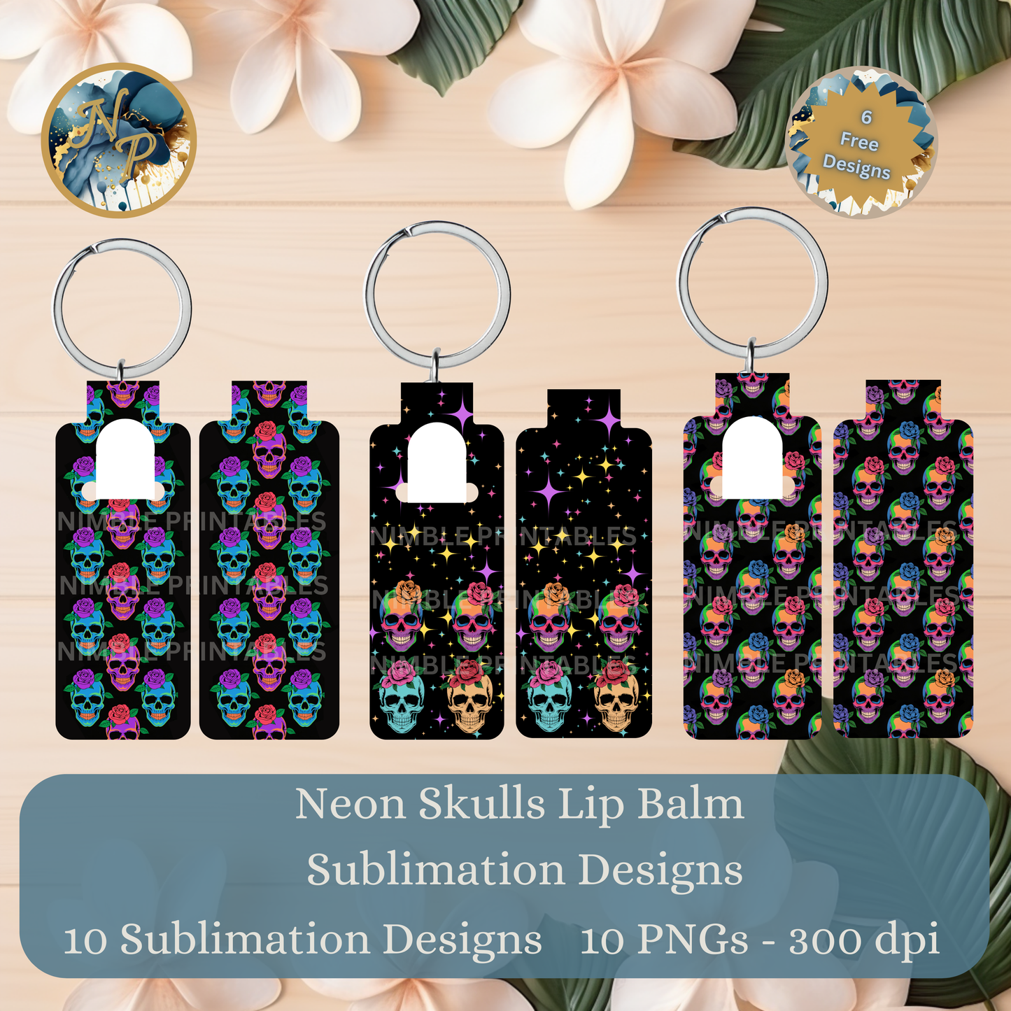 Neon Skull Lip Balm Holder Sublimation Bundle Halloween Key Ring Tag Fob PNG Design Instant Digital Download