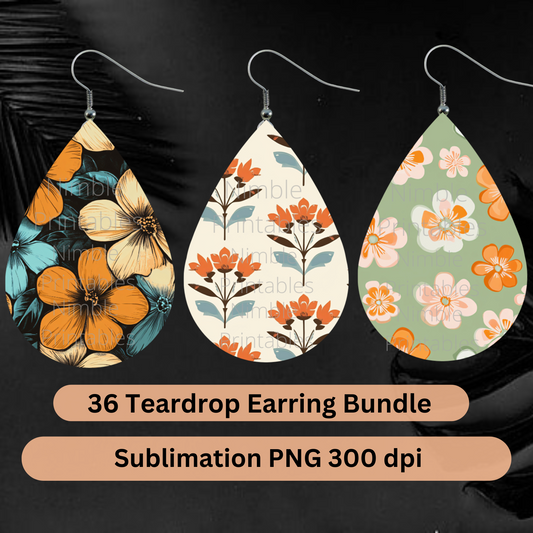 Teardrop Earring PNG Earring Bundle Orange & Pink Floral Sublimation Earring Designs Digital Download Instant Download Floral PNG Retro PNG