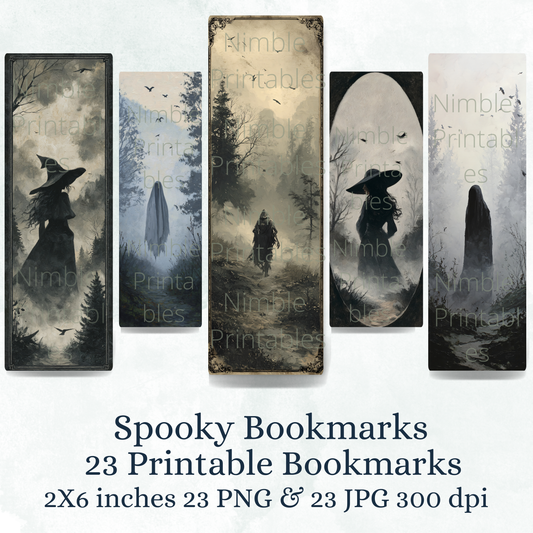 Printable Halloween Bookmarks Bundle PNG & JPG, Spooky Goth Witch, Ghost, Skeleton Fantasy, Dark Academia, Digital Instant Download