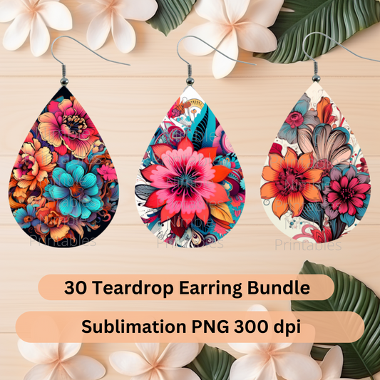 Teardrop Earring PNG Bundle 30 Boho Floral Earrings Teardrop Earring PNG Sublimation Earring Designs Digital Download Instant Download