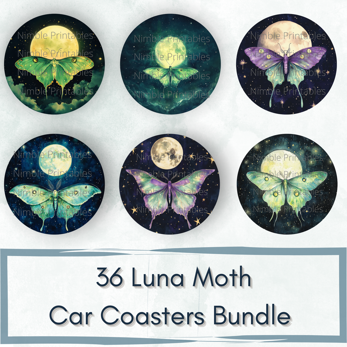 Luna Moth Car Coaster PNG Instant Downloads Sublimation Design Car Accessories Whimsical PNG, Witchy PNG Car Coaster Designs Round Key Chain