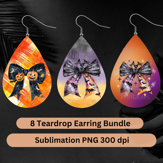 Teardrop Earring PNG Halloween Coquette Bow Earrings Sublimation Earring Designs Digital Download Instant Download Pumpkin PNG, Bat PNG