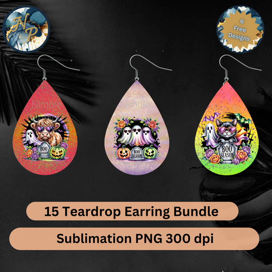 Teardrop Earring PNG Halloween, Ghost, Black Cat, Highland Cow Boo Season PNG Sublimation Earring Bundle Designs Digital Instant Download