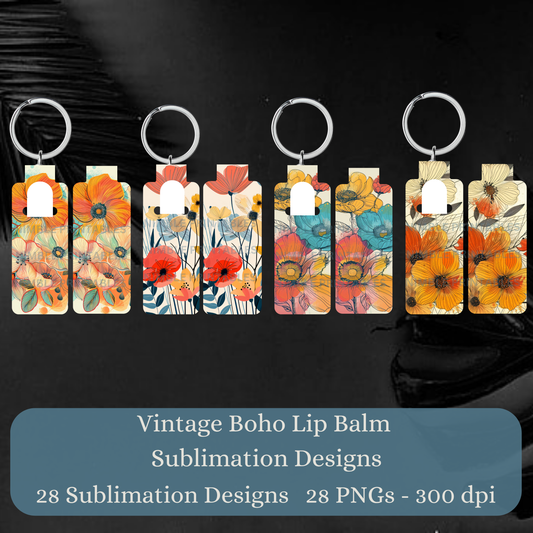 Vintage Boho Floral Skinny Lip Balm Sublimation Bundle Skinny Lip Balm Holder PNG Key Ring Tag Fob Digital Downloads, Instant Download