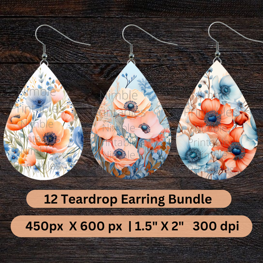 Teardrop Earring PNG Bundle 12 Boho Floral Earrings Teardrop Earring PNG Sublimation Earring Designs Digital Download Instant Download