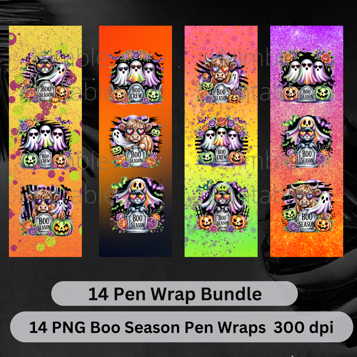 Pen Wraps Sublimation Designs PNG, Skinny Pen Wrap, Ink Joy and Waterslide Design, Halloween Ghost, Black Cat, Highland Cow Instant Download