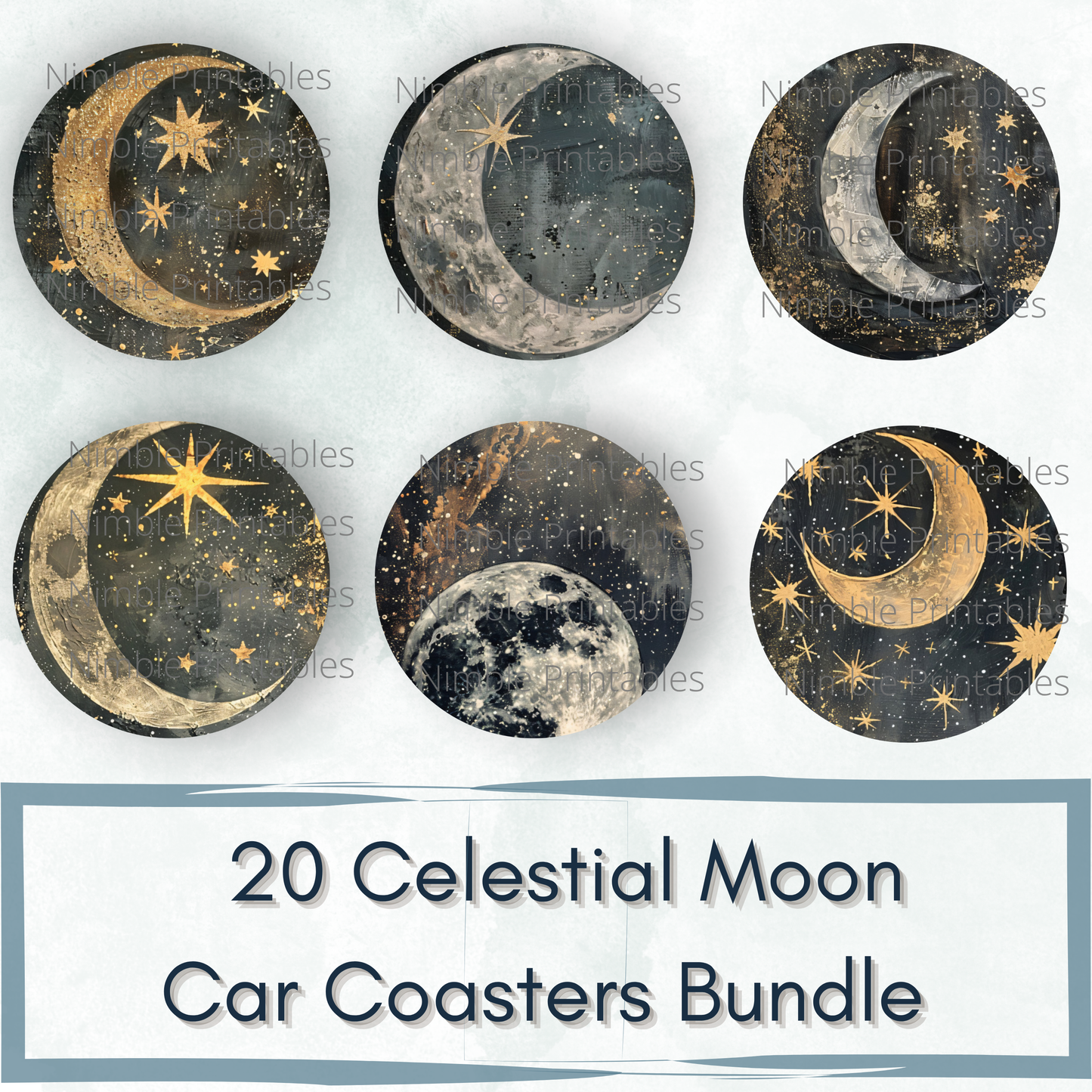 Celestial Moon Car Coaster PNG, Instant Downloads Bundle, Sublimation Design, Car Accessories, Star PNG