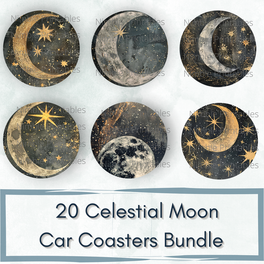 Celestial Moon Car Coaster PNG, Instant Downloads Bundle, Sublimation Design, Car Accessories, Star PNG