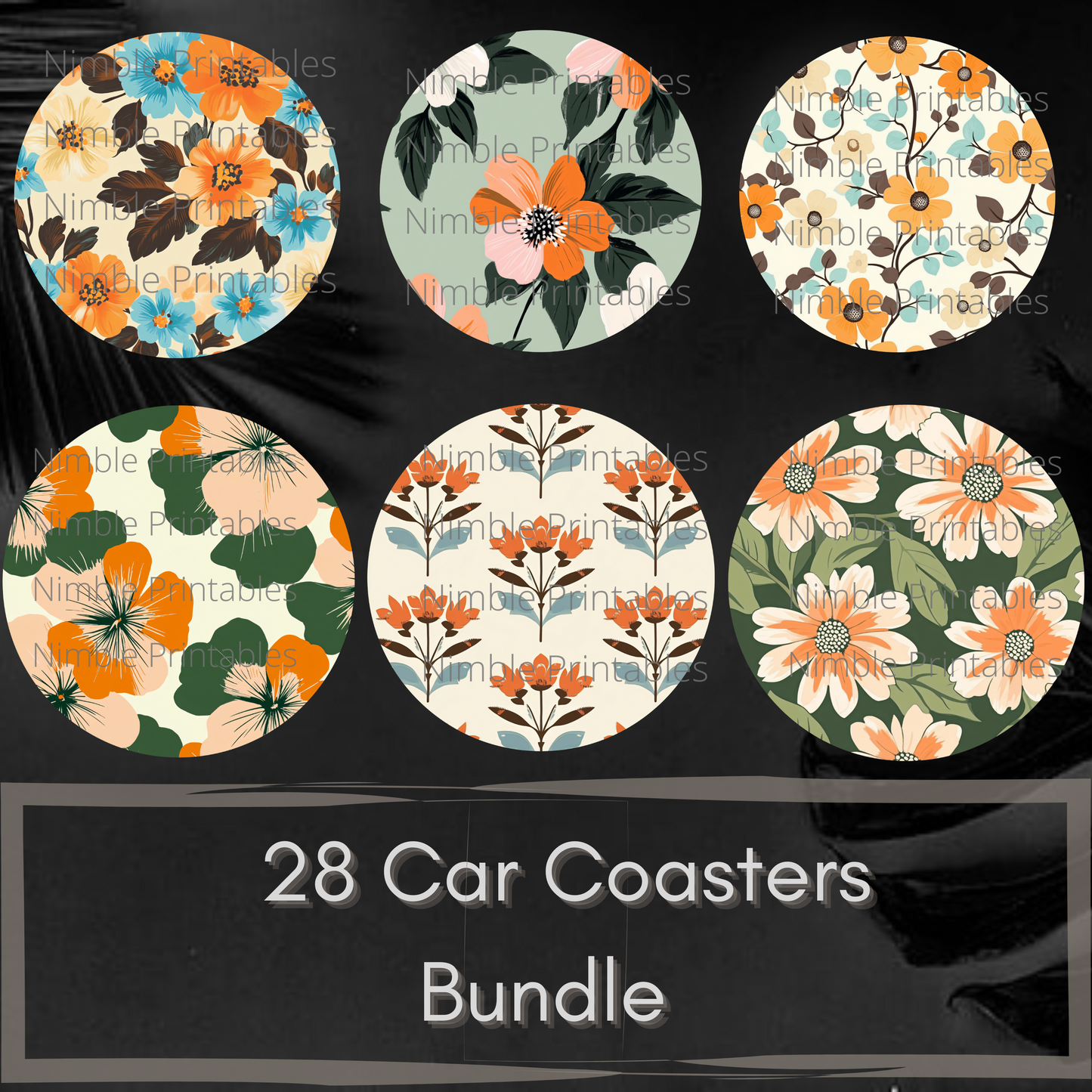 Coaster PNG, Car Coaster PNG, Orange and Pink Floral Bundle Instant Downloads Sublimation Design Car Accessories