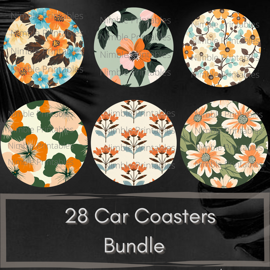 Coaster PNG, Car Coaster PNG, Orange and Pink Floral Bundle Instant Downloads Sublimation Design Car Accessories