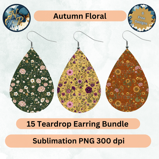 Autumn Teardrop Earring PNG Floral Sublimation Bundle Designs Vintage Sunflower Instant Digital Download