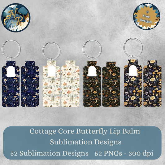 Cottage Core Butterfly and Mushroom Skinny Lip Balm Holder PNG Sublimation Bundle Key Ring Tag Fob Digital Downloads, Instant Download