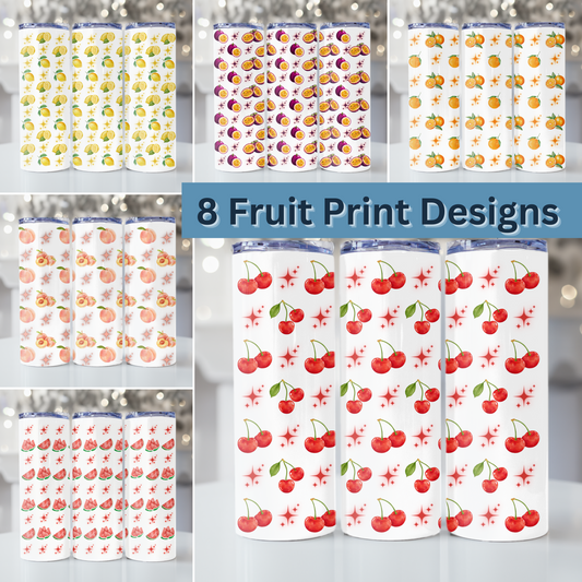 Fruit Print Tumbler Wrap Bundle, 20z Skinny Tumbler Sublimation Design Digital Download, Cherry PNG, Watercolor Print, Passion Fruit Print
