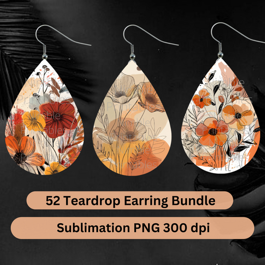 Teardrop Earring PNG Bundle Autumn Boho Floral Earrings Sublimation Designs Digital Download Instant Download Autumn PNG
