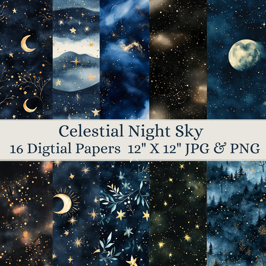 Celestial Night Sky Digital Paper Pack Seamless Patter Scrapbook Paper Watercolor Background, Digital Download, Moon, Stars, Night Sky