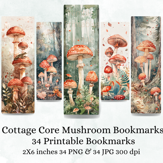 Printable Bookmarks Bundle Cottagecore Mushroom, Digital Downloads, Watercolor Bookmark, 34 PNG & 34 JPG Bookmark Sublimation Toad PNG