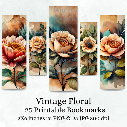 Printable Bookmarks Bundle Vintage Floral, Digital Download, Printable Bookmark Set, 25 PNG and 25 JPG Bookmark Sublimation