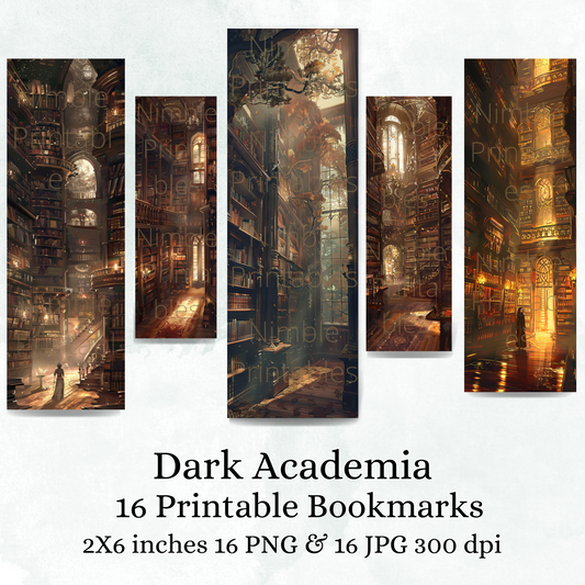 Printable Bookmarks Bundle Dark Academia, Digital Downloads, Watercolor Bookmark, 16 PNG and 16 JPG Bookmark Sublimation Dark Academia Art