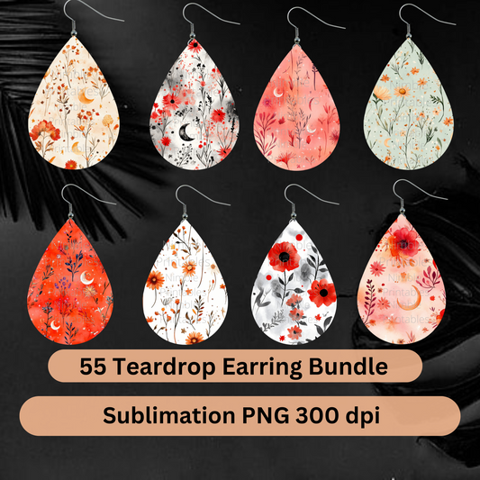 Celestial Wildflower Bundle Teardrop Earring PNG Earrings Sublimation Earring Designs Digital Download Instant Download Moon PNG, Floral PNG