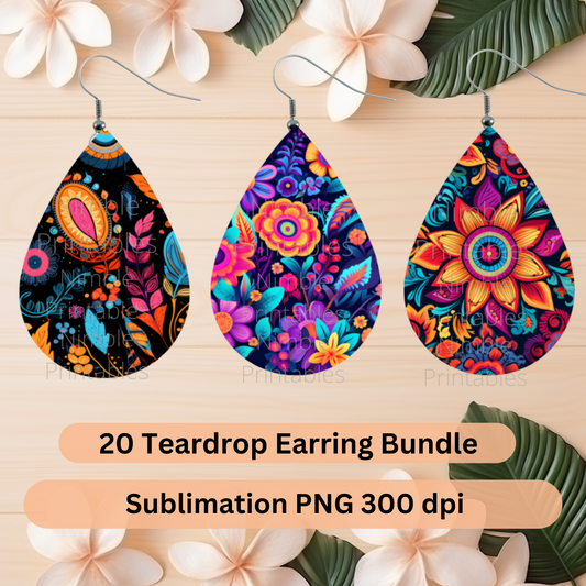Teardrop Earring PNG Bundle 20 Hippie Boho Floral Earrings Sublimation Earring Designs Digital Download Instant Download Groovy PNG