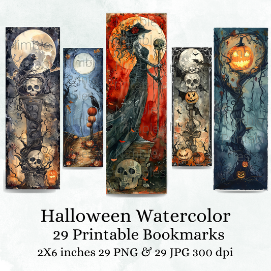 Printable Bookmarks Bundle Halloween Watercolor, Digital Downloads, 29 PNG and 29 JPG Bookmark Sublimation Fantasy png, Dark Academia png