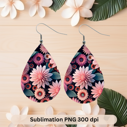 Teardrop Earring PNG Floral Earrings Pink PNG Sublimation Earring Designs Digital Download Instant Download