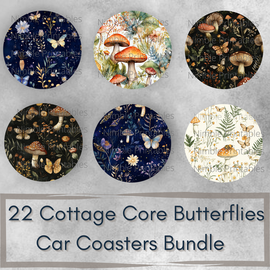 Cottage Core Butterfly and Mushroom Car Coaster PNG, Car Coaster PNG, Instant Downloads Sublimation Design Car Accessories Floral PNG