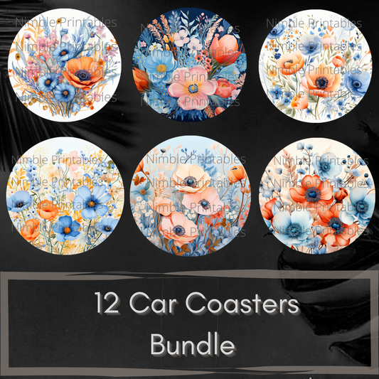 Wildflower Car Coaster PNG, Boho PNG, Instant Downloads Sublimation Design Car Accessories