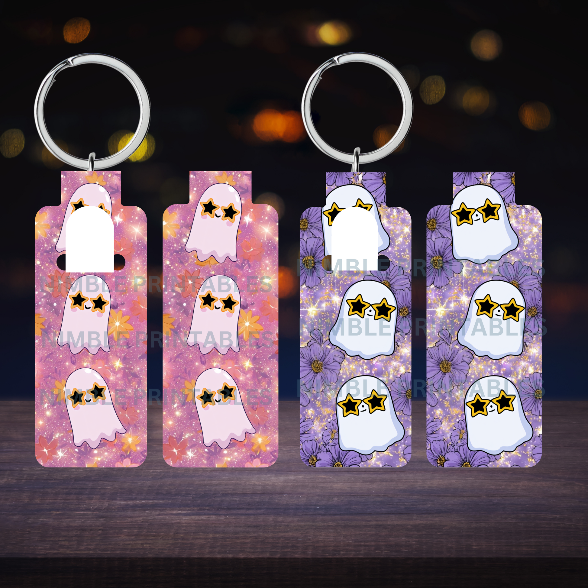 Four keychains featuring cute ghosts in star sunglasses with floral backgrounds.